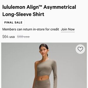 Lululemon asymmetrical crop top. Size 8.